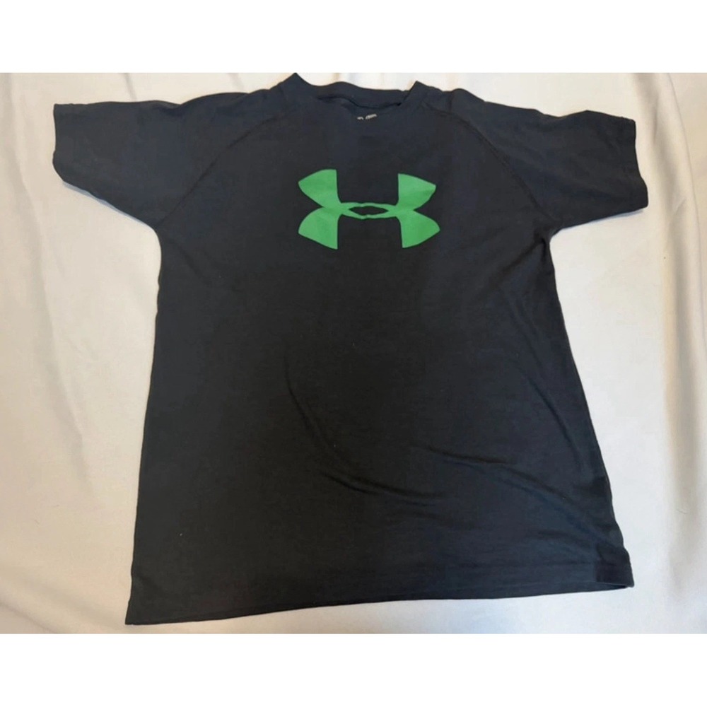 Under Armour Youth Medium T-Shirt Black Green Big Logo HeatGear Loose Boys YMD